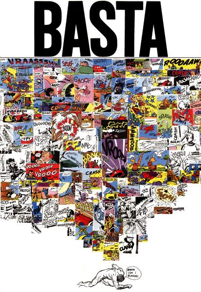 manifesto che rappresenta caos visivo, realizzato con frammenti di diversi fumetti che pesano sulla figura umana